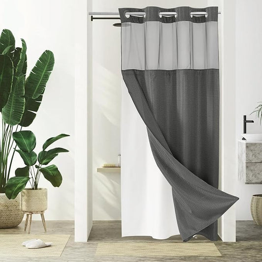Gibelle Stall Small Shower Curtain 36x74, Waffle Weave Shower Curtain with Snap-in Fabric Liner Set, No Hooks Needed, Hotel Style with Mesh Top Window, Charcoal Grey