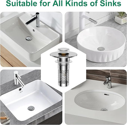 Bathroom Sink Drain Strainer,Universal Pop-Up Sink Stopper Hair Catcher, Stainless Steel Anti-Clog Drain Filter Basket, Removable Sink Drain for Bathroom Sink Stopper Replacement (Silver-4pcs)