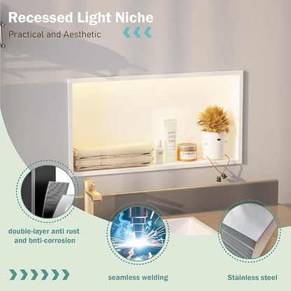 24"x12" Lighted Shower Niche ，Stainless Steel Waterproof Shower Storage with Lighting ，No Tile Needed ，Matte White （ 24 x 12 in）