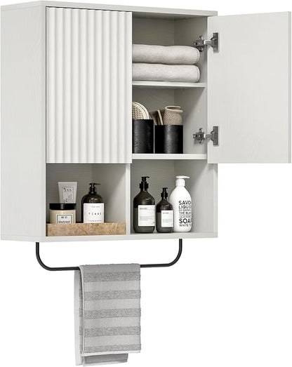 Bathroom Wall Cabinet, Fluted Wooden Medicine Cabinet Storage with 2 Doors, Adjustable Shelf and Towels Bar, Modern Wall Mount Large Floating Cabinet for Kitchen Laundry Room White