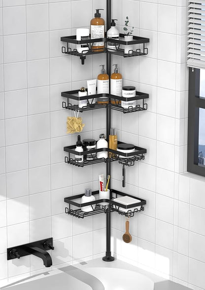 Corner Shower Caddy - 24 Hanging Hooks, Tension Pole Adjustable 25-114.2 Inch, Bathtub Organizer for Tub Corner - No Drilling, Black