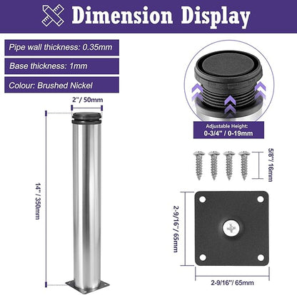 14 Inch Metal Furniture Legs Stainless Steel Adjustable Legs Silver Metal Legs Round Cabinet Legs for Coffee Table Cabinet Desk Sofa Shelves, Pack of 4