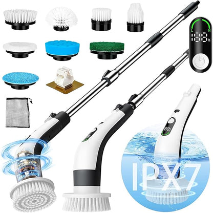 PUNOMO Electric Spin Scrubber, Cordless Waterproof Cleaning Brush with 8 Replaceable Brush Heads - 120Mins Work Time Adjustable Long Handle 2 Speeds 360 Power Scrubber for Bathroom Shower Kitchen Car