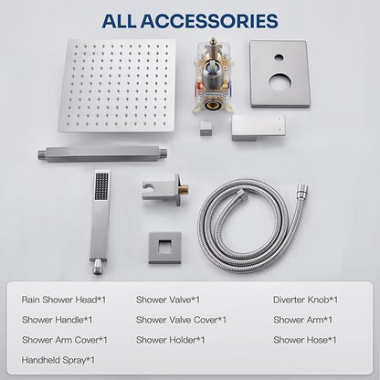 Ceiling Mount Shower System, Shower Faucet Set with 12-Inch Rain Showerhead and Handheld Spray Combo, High-Pressure Showerheads Set with Valve and Trim Kit, Brushed Nickel