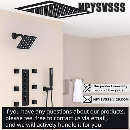 Thermostatic Shower System with 14x20 Inch Ceiling Mount LED Head & 6 Inch Wall Head and Handheld Shower 4 Function Vale with body jets Can All Run Together, Matte Black