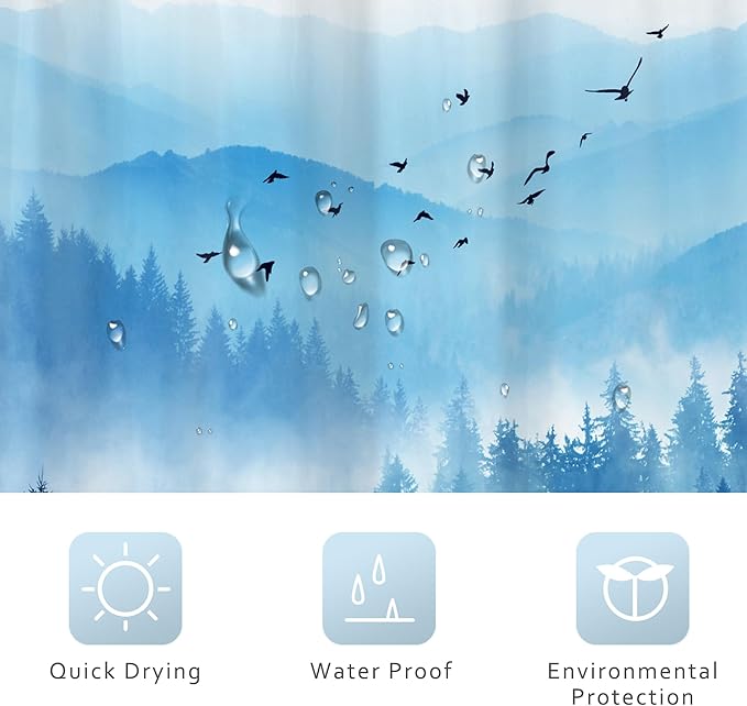 Riyidecor Navy Blue Mountain Shower Curtain 72Wx96H Inch Extra Long Nature Woodland Scenery Park Scene View Foggy Pine Tree Alpine Cool Mens Bathroom Decor Fabric Polyester Waterproof 12 Pack Hooks