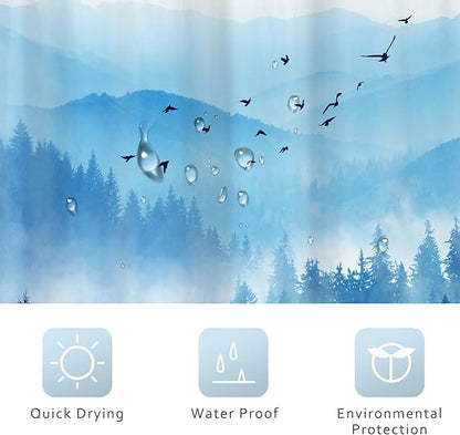 Riyidecor Navy Blue Mountain Shower Curtain 72Wx96H Inch Extra Long Nature Woodland Scenery Park Scene View Foggy Pine Tree Alpine Cool Mens Bathroom Decor Fabric Polyester Waterproof 12 Pack Hooks