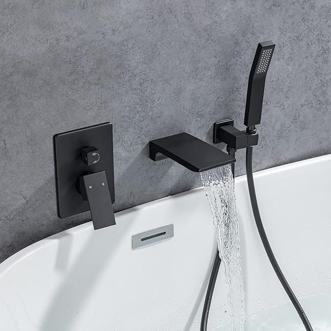 Roman Tub Filler Faucet with Waterfall Spout Wall Mounted Single Handle Bathtub Shower Faucet with Hand Shower Wall Mount Waterfall Tub Faucets Sets, Matte Black