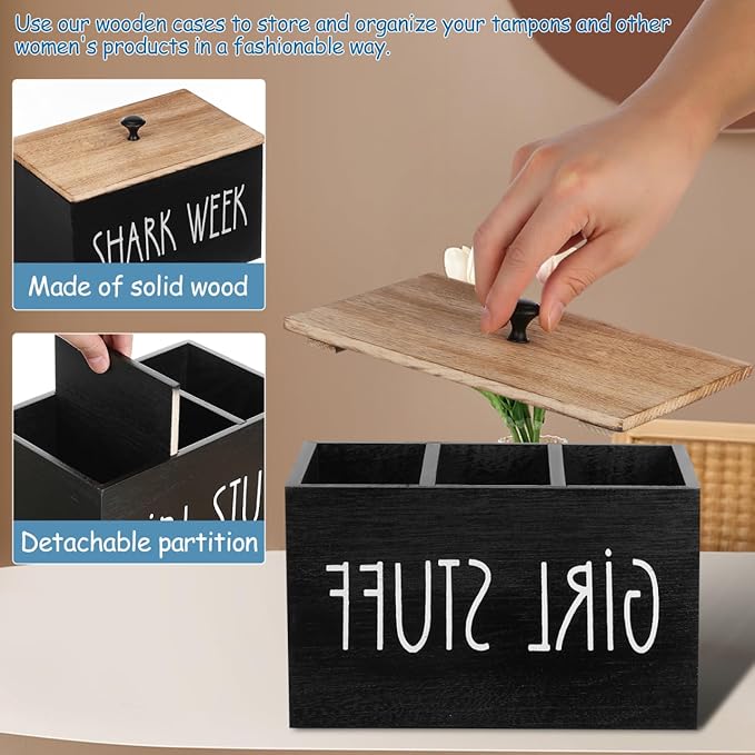Wooden Tampon Storage Box for Bathroom, 3 Compartment Sanitary Napkin Organizer with Lid, Farmhouse Cotton Ball Holder, Feminine Product Container for Back of Toilet