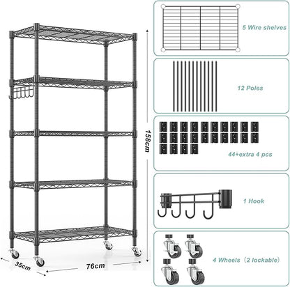 Himimi 5-Tier Storage Shelf Wire Shelving Unit on Wheels Heavy Duty Metal Shelves Adjustable Steel Rack Organization for Kitchen Garage Basement, Black