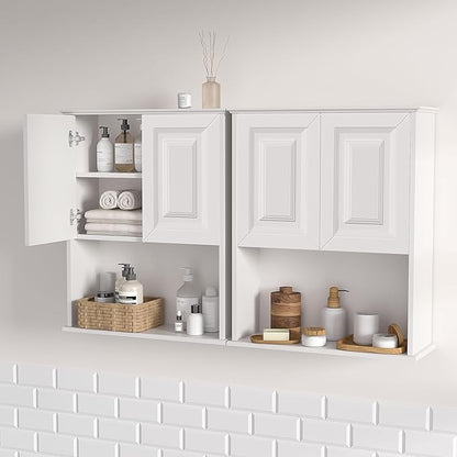 Bathroom Wall Cabinet Wooden with 2 Doors,Over the Toilet Storage Cabinet,Bathroom and Laundry Wall Mount Storage Medicine Cabinet with Open and Adjustable Shelf,Easy Assembly (Style B-2 PC, White)