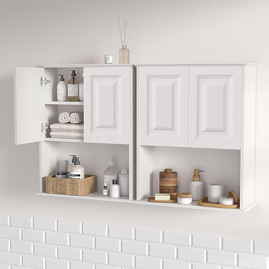 Bathroom Wall Cabinet Wooden with 2 Doors,Over the Toilet Storage Cabinet,Bathroom and Laundry Wall Mount Storage Medicine Cabinet with Open and Adjustable Shelf,Easy Assembly (Style B-2 PC, White)
