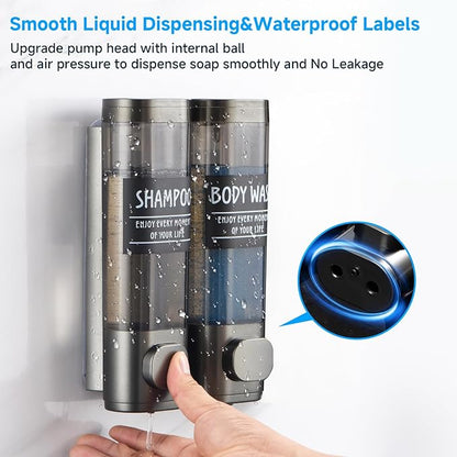 Shampoo and Conditioner Dispenser,GlintGath Shower Dispenser 2 Chamber No Drill Shampoo Dispenser for Shower Wall Mounted Shower Soap Dispenser for Bathroom Hotel,2 * 300ML,Gun Gray