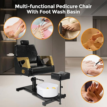 Pedicure Chair with Stool & Massage Foot Bath, 360° Swivel Pedicure Station Hydraulic Adjustable Height No Plumbing for Foot Spa Black