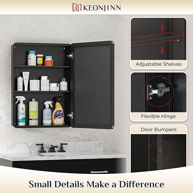 Keonjinn 15 x 36 Inch Black Slim Medicine Cabinets, Narrow Bathroom Medicine Cabinet with Mirror, Stainless Steel Framed, Adjustable Shelves, Recessed or Wall Mount, Soft Closing, Modern Farmhouse