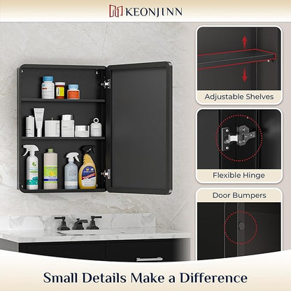 Keonjinn 15 x 36 Inch Black Slim Medicine Cabinets, Narrow Bathroom Medicine Cabinet with Mirror, Stainless Steel Framed, Adjustable Shelves, Recessed or Wall Mount, Soft Closing, Modern Farmhouse