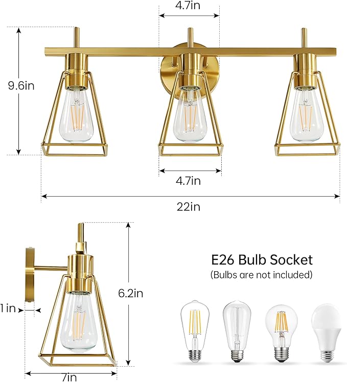 Industrial Bathroom Vanity Lights: 3 Lights Brushed Gold Vintage Metal Cage Wall Lamps - Rustic Farmhouse Lightning Fixture Over Mirrors Cabinet for Dressing Hallway