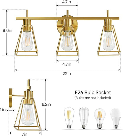 Industrial Bathroom Vanity Lights: 3 Lights Brushed Gold Vintage Metal Cage Wall Lamps - Rustic Farmhouse Lightning Fixture Over Mirrors Cabinet for Dressing Hallway