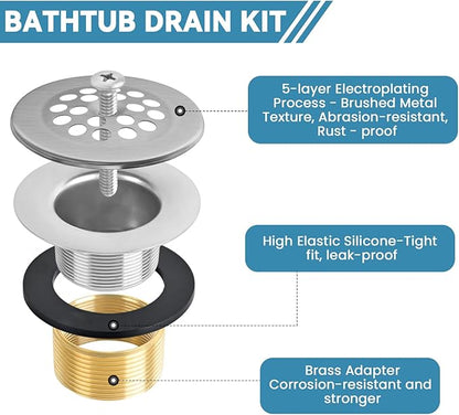 Bathtub Drain Stopper Trip Lever - Universal Bath Tub Drain Plug with Strainer, Suitable for 1-1/2" and 1-3/8" Tub Drain Replacement, Bathroom Tub Drain Trim Overflow Plate Kit (Brushed Nickel)