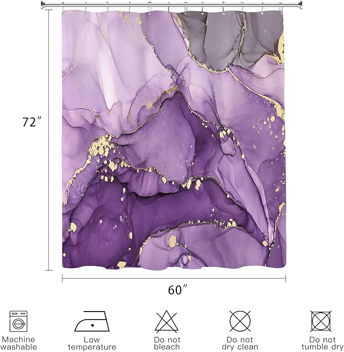 Purple Marble Shower Curtain 60x72, Modern Abstract Fabric Shower Curtains for Bathroom, Luxury Art Ink Texture Watercolor Cloth Shower Curtain Set with Hooks