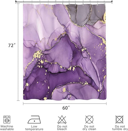 Purple Marble Shower Curtain 60x72, Modern Abstract Fabric Shower Curtains for Bathroom, Luxury Art Ink Texture Watercolor Cloth Shower Curtain Set with Hooks