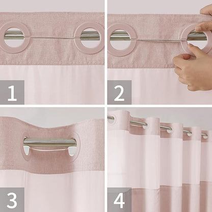 Extra Long No Hooks Needed Linen Textured Shower Curtain with Snap-in Fabric Liner Set,Blush Hotel Luxury Decor Shower Curtains for Bathroom,Waterproof & Washable,71Wx86H