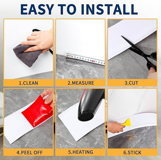 Flexible Baseboard Molding Trim 4 Inch Self-Adhesive Vinyl Wall Base Peel and Stick Cove Base Rubber Wall Baseboard Moulding Trim (40Ft, White)