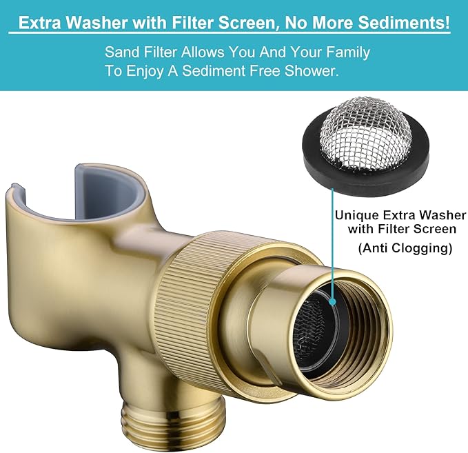 Shower Head Holder All Metal Adjustable Handheld Shower Arm Mount, 1/2" Shower Hose Holder Fits Most Hand Showerheads, Brass Hand Held Shower Head Holder , Easy to Install(Brushed Gold)