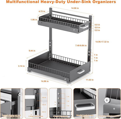 Under Sink Organizer,2 Tier Slide Out Kitchen Cabinet Organizers with Pulley,Under Bathroom Sink Pull Out Organizer with Multiple Height Adjustments for Kitchen and Bathroom Cabinets-Gray