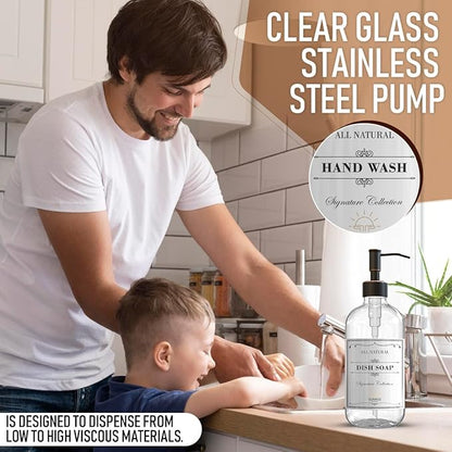 2 Pack Clear Glass Soap Dispenser 16 OZ with Oil Rubbed Bronze Stainless Steel Pump, Hand and Dish Soap Dispenser Set for Bathroom and Kitchen Sink with 6 Waterproof Labels