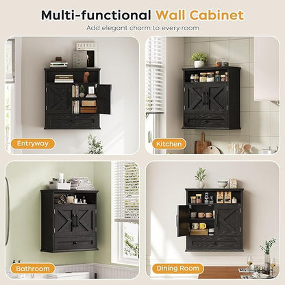 Bathroom Wall Cabinet, Wall Mounted Medicine Cabinet with Drawer, Barn Door & Adjustable Shelf, 24.4"H x 23.6"W x 9"D Black Over Toilet Farmhouse Storage Cabinet for Kitchen, Laundry, Entryway