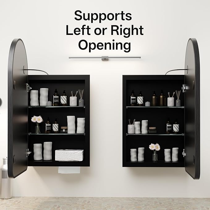 LED Arched Bathroom Medicine Cabinet with Mirror, No Assembly Needed, Recessed or Surface Mount Wall Storage Cabinet, Mirror Cabinet with Tissue Slot (Black-LED, 29.5" L x 15.7" W)
