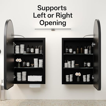LED Arched Bathroom Medicine Cabinet with Mirror, No Assembly Needed, Recessed or Surface Mount Wall Storage Cabinet, Mirror Cabinet with Tissue Slot (Black-LED, 29.5" L x 15.7" W)