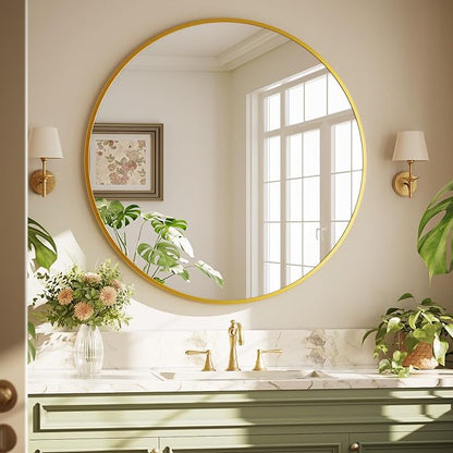 42 Inch Round Gold Metal Wall Mirror - Stylish Circle Mirror for Entryway, Bathroom, and Living Room Decor | Matte Gold Circle Wall Mirror