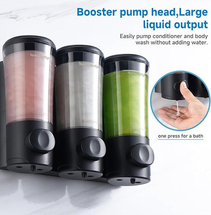 Shampoo and Conditioner Dispenser No Drill Shower Soap Dispenser Wall Mounted Shower Dispenser 3 Chamber with Upgrade Smooth Pump Head Bathroom Body Wash Soap Dispenser Set 450ml*3 Black
