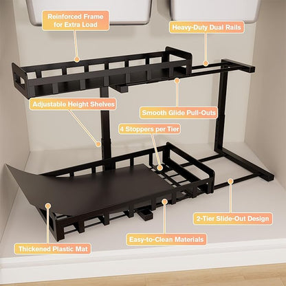 Under Sink Organizer 2 Pack, Metal Large Capacity 2-Tier Sliding Cabinet Storage Rack, Heavy-Duty Rust-Resistant Steel Frame, Holds 50 lbs Each, Adjustable Height 12–16", 14"D x 11"W for Home, Black