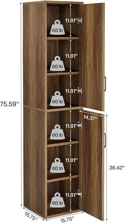 Tribesigns 75" Tall Narrow Storage Cabinet, Modern Farmhouse Pantry Cabinet with Doors and 6 Shelves, Skinny Freestanding Utility Cabinet for Kitchen, Bathroom, Laudry, Living Room, Brown