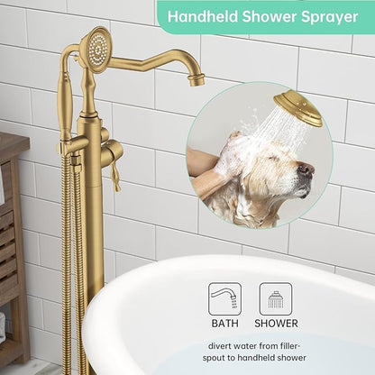 Hoimpro Free Standing Tub Faucet Freestanding Tub Filler Bathtub Faucet Stand Alone Floor Mounted Bathtub Faucet Set Handheld Sprayer Brass Brushed Gold