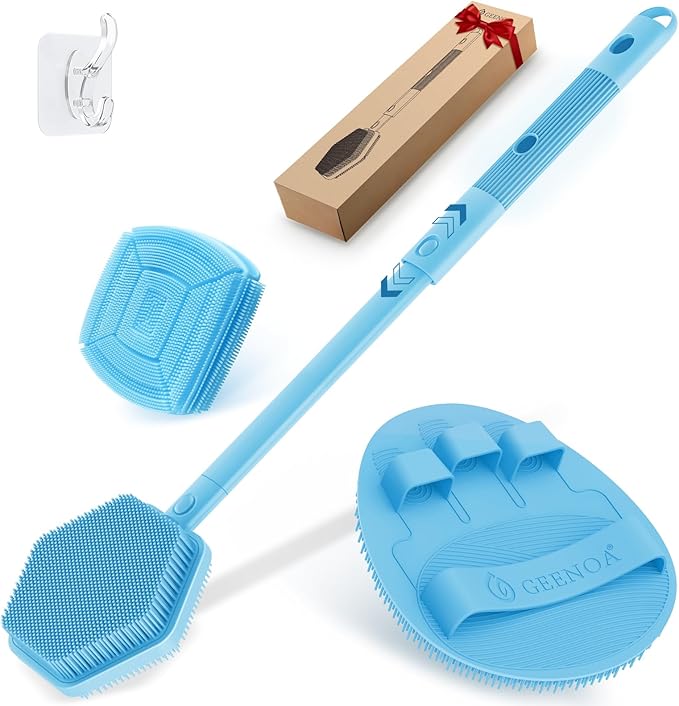 Silicone Back/Face Scrubber & Bath Glove Set 3PCS, Extendable Back Scrubber with Dual-Side Large Head, 360° Anti-Slip Bath Glove, Unique Side-Bristle Face Scrubber for All-Round Cleaning(Blue)