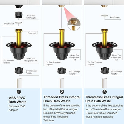 PVC Freestanding Tub Drain Kit, Bathtub Drain Rough-in Kit，Compatible with Freestanding Bathtubs, Floor Mounted Bathtubs and Island Bathtubs, with PVC Plastic Adapter and Brass Tail Pipes