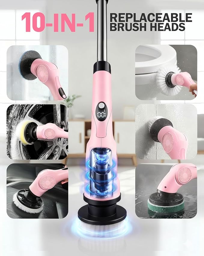 Electric Spin Scrubber, 3-Speed Cordless Shower Scrubber with 90° Adjustable & 10 Replaceable Brush Heads, 90 Mins Runtime & Full-Body IPX7 Waterproof Shower Cleaner Brush with Long Handle