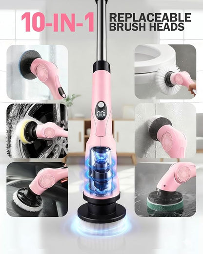Electric Spin Scrubber, 3-Speed Cordless Shower Scrubber with 90° Adjustable & 10 Replaceable Brush Heads, 90 Mins Runtime & Full-Body IPX7 Waterproof Shower Cleaner Brush with Long Handle