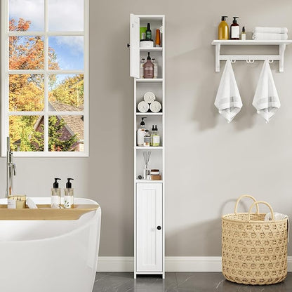 RRX Tall Slim Bathroom Storage Cabinet with 2 Doors,Adjustable Shelves,7.87''L*7.87''W*67''H, Narrow Cabinet with Anti-Tip for Toilet Paper Corner,Small Spaces, Kitchen,Bathroom (Milky White)