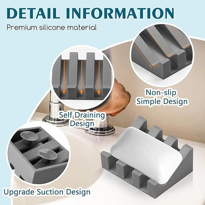 Silicone Soap Dish with Drain, Upgrade Double Suction Cups at The Bottom for Anti-Slip and Stability, Soap Dish Shower Waterfall Bar Soap Holder Tray with Drain Soap Holder (2, Grey)