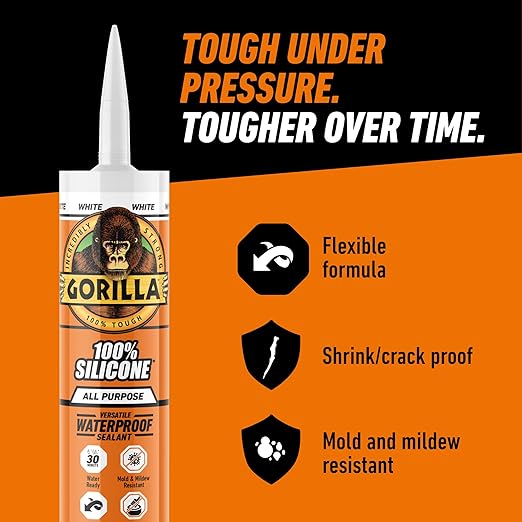 Gorilla Waterproof Caulk & Seal Silicone Sealant, 10oz Cartridge (Pack of 1) - White Caulking Sealant for Kitchen, Window, Bath, Marine, Door and More