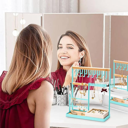 DreamGenius Jewelry Organizer Stand with Velvet Ring Holder, 4 Tier Jewelry Holder Organizer with 15 Hooks for Necklaces and 16 Holes for Earrings, Blue