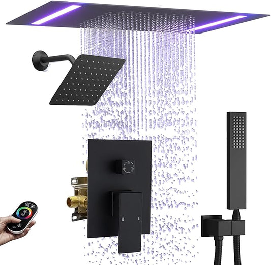 Rain Shower Head System with 14x20 Inch Ceiling Mount LED Head & 6 Inch Wall Head and Handheld Shower 3 Way Pressure Balance Valve Kit, Matte Black