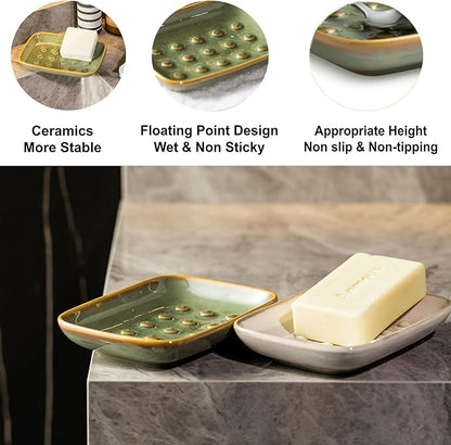 Soap Dish for Shower, Ceramic Soap Dish Non-Slip Soap Holder Bar Saver Tray for Bathroom Kitchen Sink, Floating Point Design Save Soap Loss