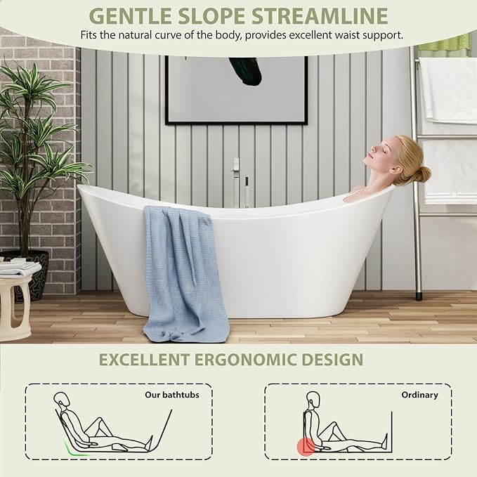 67 Inch Acrylic Freestanding Soaking Bathtub - Mocoloo Contemporary Soaking White Tub Stand Alone Bathtub with Overflow and Drain