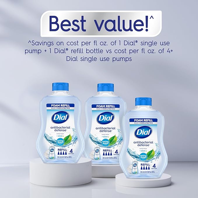 Dial Antibacterial Defense Foaming Hand Soap + Aloe, Spring Water Scent, 30 Fl Oz Hand Soap Refill (4 Pack), Dermatologist-Tested, Gentle on Skin